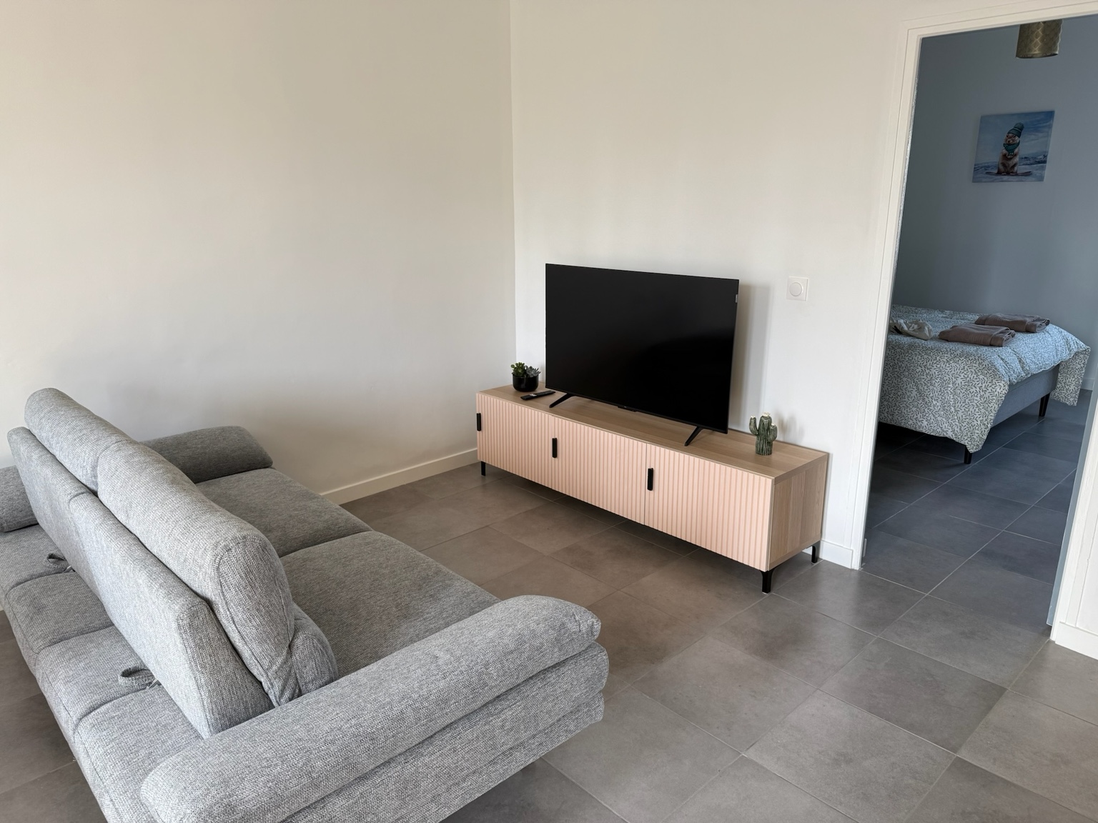 Salon avec canapé et télévision